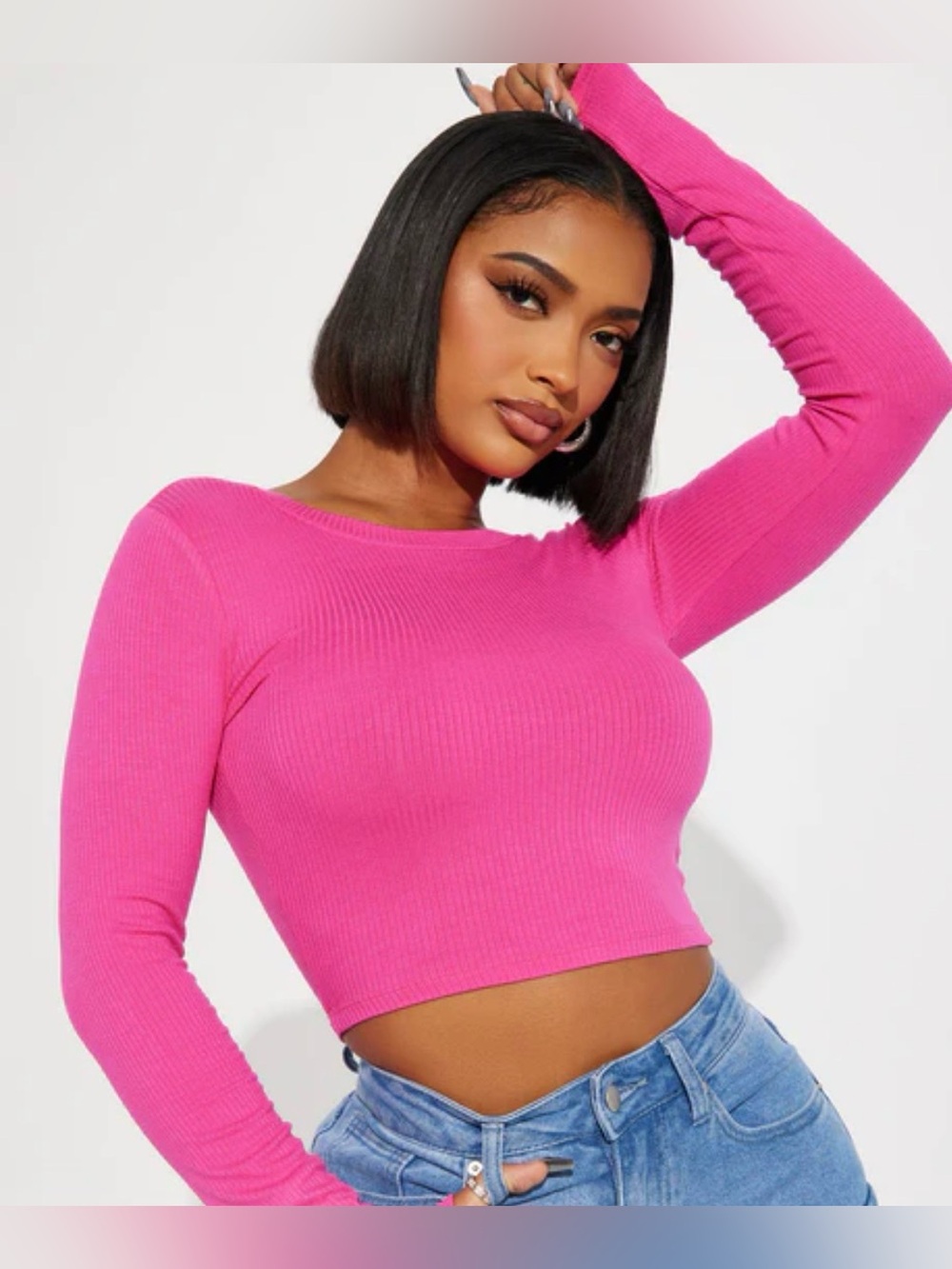 Women’s Long Sleeve Ribbed Crop Top - Pink